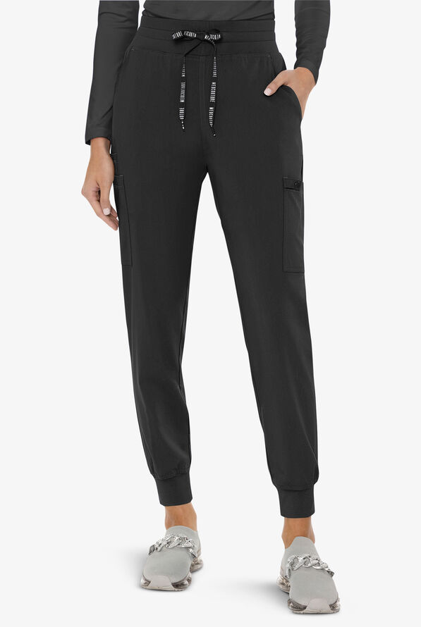 Med Couture Touch Women's 6-Pocket STRETCH High Waisted Double Cargo Jogger Scrub Pants - Black - 1