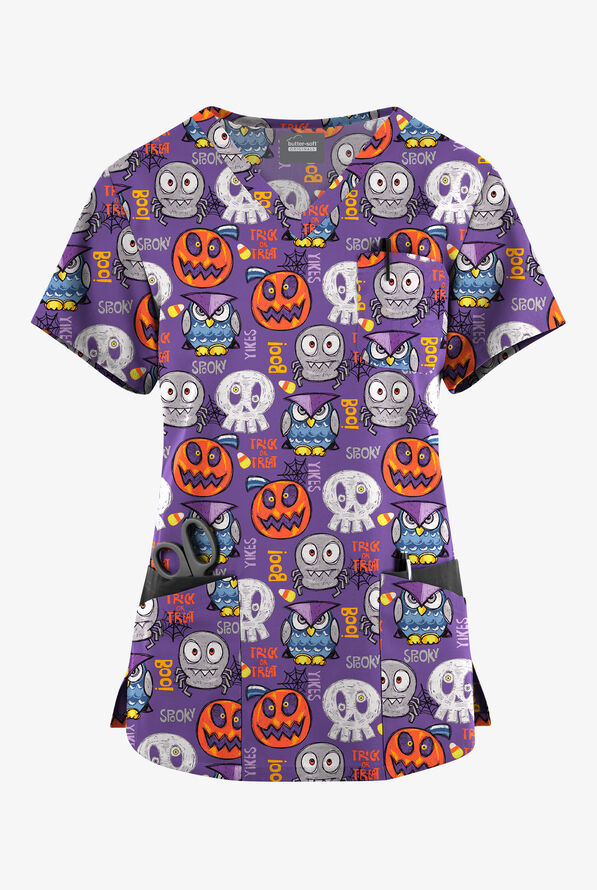 Butter-Soft Originals Trick Or Treat Silver Women's 7-Pocket Rounded V-Neck Print Scrub Top - null - 1