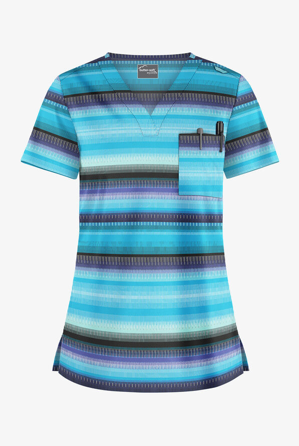 Butter-Soft STRETCH Reigning Stripes Turquoise Women's 1-Pocket V-Neck Print Scrub Top - null - 1