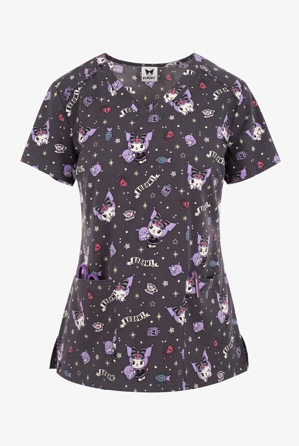 Tooniforms Kuromi Fortunes Women's 2-Pocket STRETCH V-Neck Print Scrub Top - null - 1