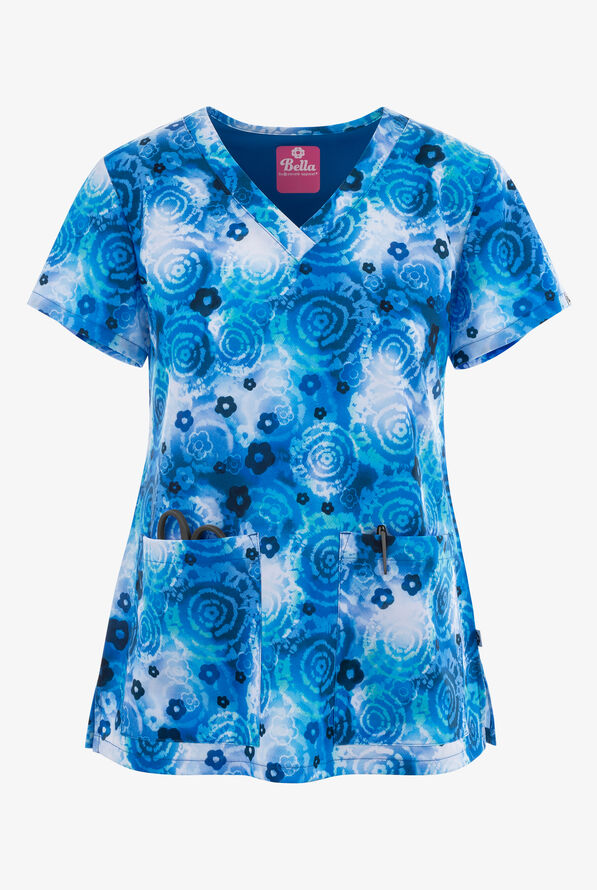 Zavate Bella Tie Dye Life Women's 2-Pocket STRETCH V-Neck Print Scrub Top - null - 1