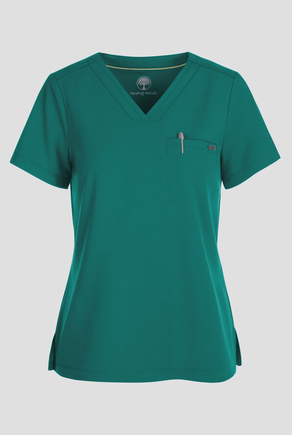 Healing Hands Quest Women's 1-Pocket STRETCH Tuck In V-Neck Scrub Top - Hunter - 1