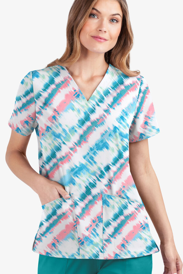 Butter-Soft STRETCH Belize Ikat Women's 2-Pocket V-Neck Print Scrub Top - null - 2