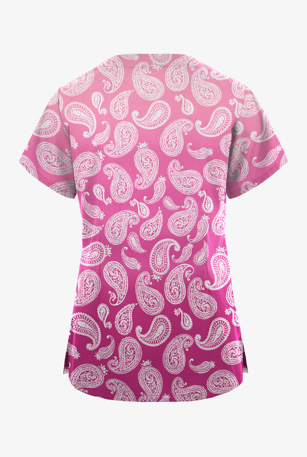 Butter-Soft Originals Paisley Gradient Fuchsia Women's 2-Pocket Scallop Neck Print Scrub Top - null - 2