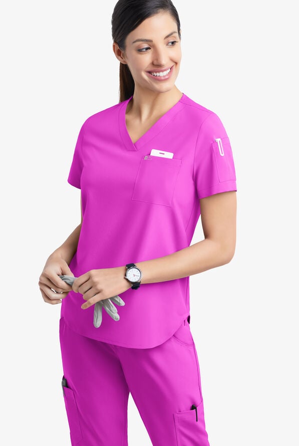 Easy STRETCH Chloe Women's 3-Pocket V-Neck Tuck-In Scrub Top - Electric Fuchsia - 3