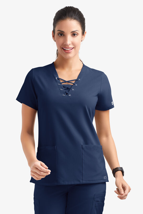 Easy STRETCH Gisele Women's 4-Pocket Lace Up V-Neck Scrub Top - Navy - 2