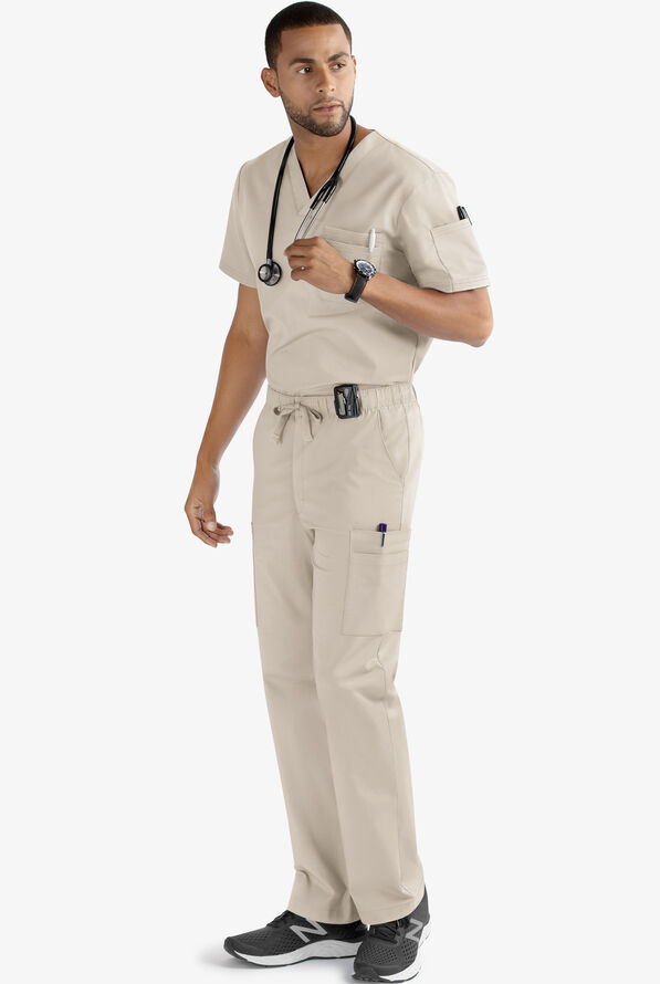 Butter-Soft STRETCH Men's 9-Pocket Zip Front Cargo Straight Leg Scrub Pants - Warm Sand - 2