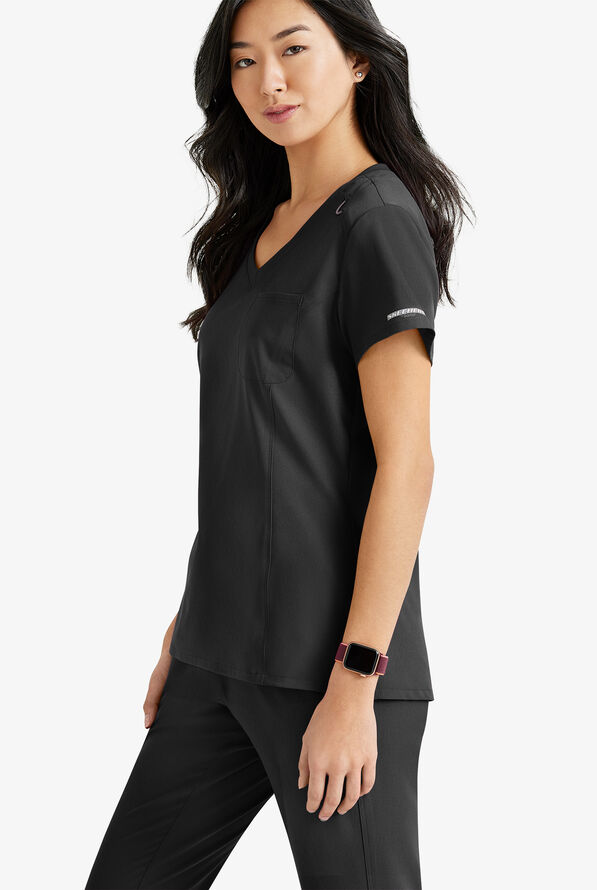 Skechers by Barco Dignity Women's 1-Pocket STRETCH Tuck In V-Neck Scrub Top - Black - 4