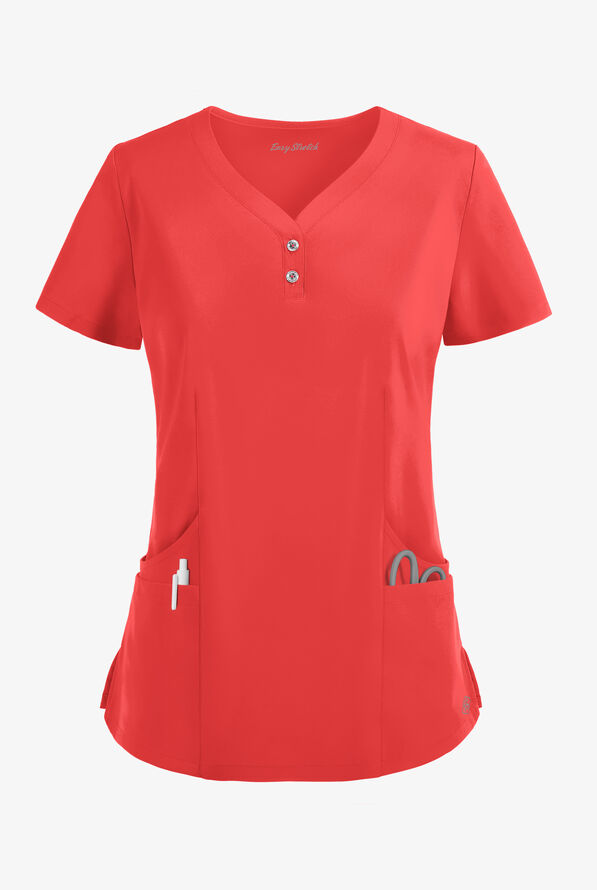 Easy STRETCH Demi Women's 4-Pocket Henley Scrub Top - Radiant Red - 1