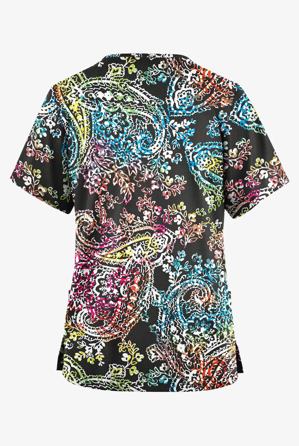 Butter-Soft Originals Exotic Paisley Black Women's 2-Pocket V-Neck Print Scrub Top - null - 2