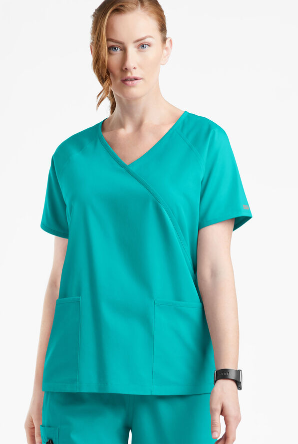 Blusa médica Butter-Soft Originals estilo cruzado con 3 bolsillos para mujer - Bright Teal - 2