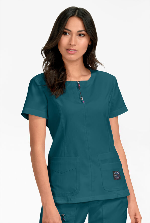 koi Lite&trade; Serenity Women's 4-Pocket Double Zipper Scrub Top - Caribbean Blue - 2