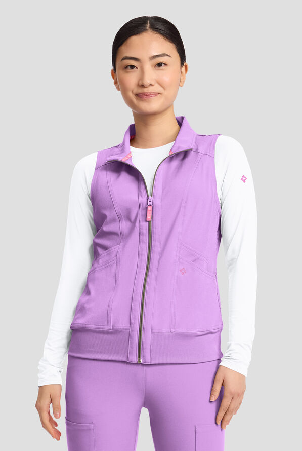 Med Couture Amp Women's 4-Pocket STRETCH Zip Front Removable Hoodie Scrub Vest - Digital Lavendar - 2