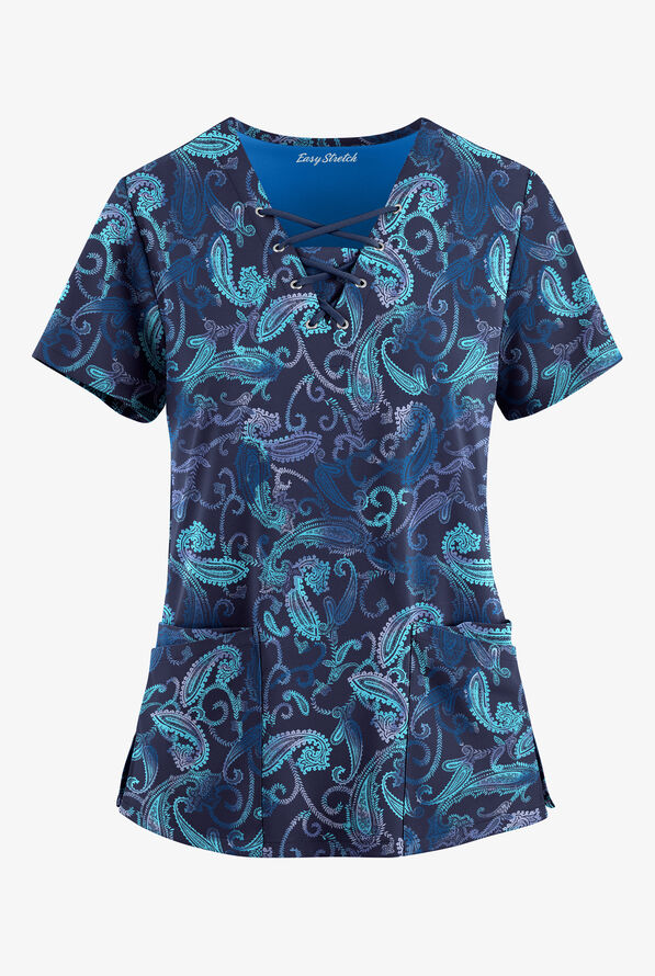 Easy STRETCH Paisley Tie Dye Navy Women's 4-Pocket Lace Up V-Neck Print Scrub Top - null - 1