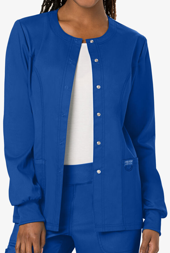 Cherokee Workwear Revolution Women's 3-Pocket STRETCH Snap Front Scrub Jacket - Royal - 2