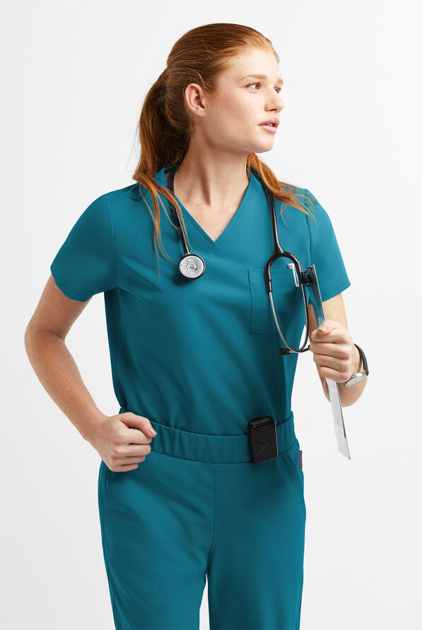 MOVEMENT by Butter-Soft Ceti Women's 1-Pocket V-Neck Tuck-In STRETCH Scrub Top - Caribbean Blue - 2