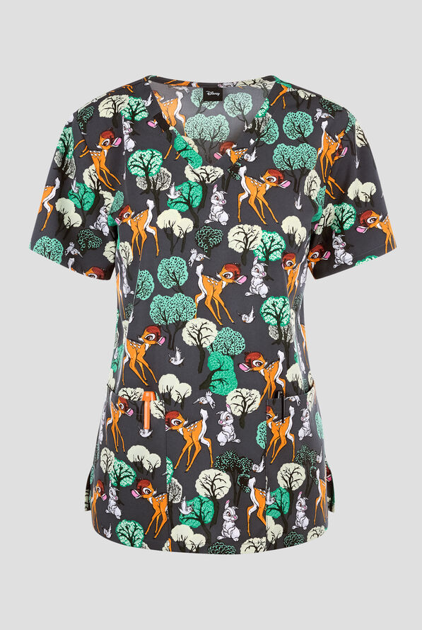 Tooniforms Disney's Bambi Forest Royalty Women's 2-Pocket STRETCH V-Neck Print Scrub Top - null - 1