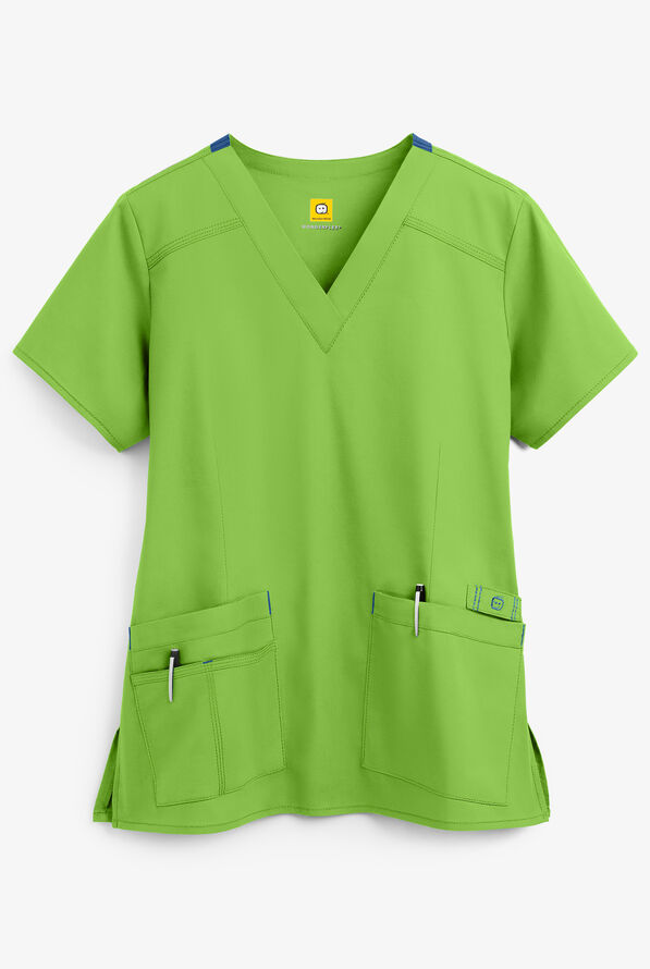 WonderWink WonderFLEX Verity Women's 4-Pocket STRETCH Cotton Rich V-Neck Scrub Top - Green Apple/Royal - 1