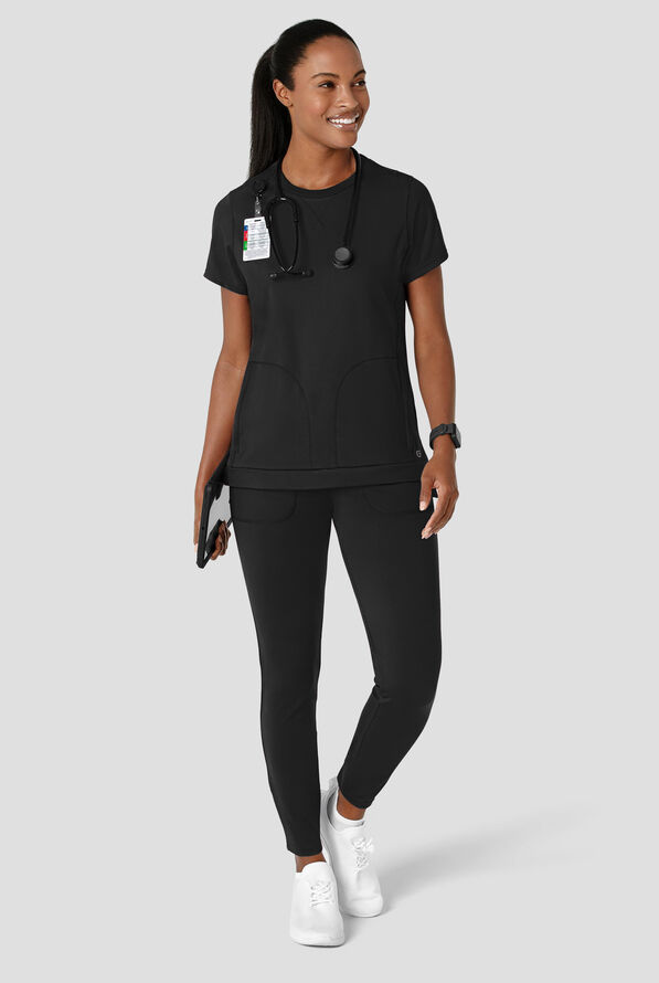 Wink Renew Knit Women's 2-Pocket STRETCH Rib-Knit Crew Neck Scrub Top - Black - 2
