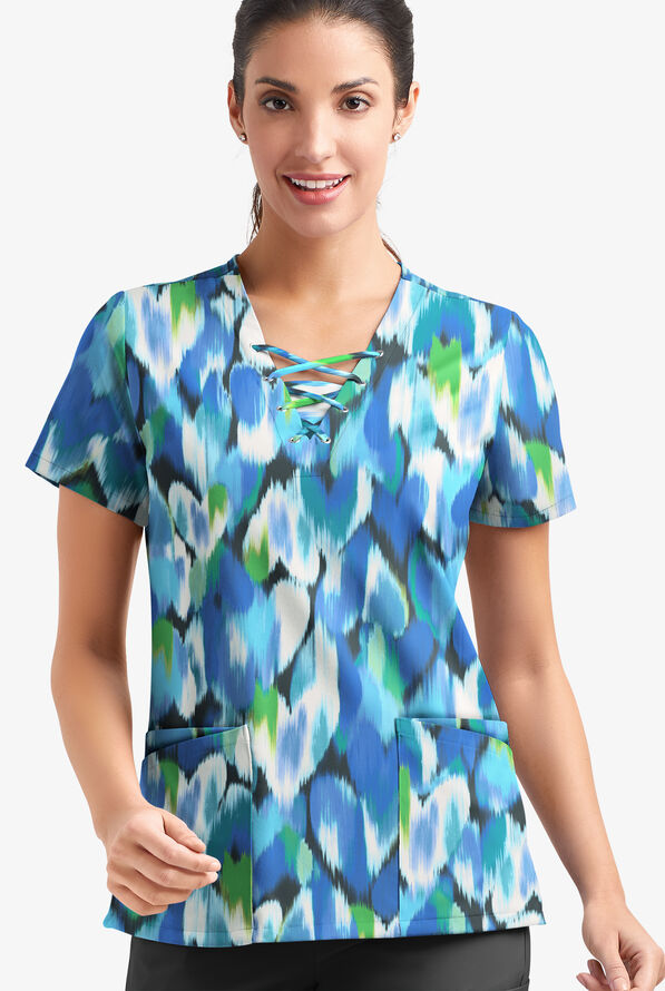 Blusa médica estampada Easy Stretch Love Garden Pewter con cordones en el cuello en V y 4 bolsillos para mujer - null - 2