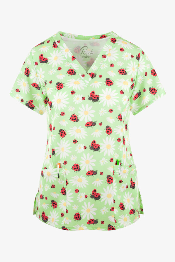 Maevn Happy Daisies Women's 3-Pocket STRETCH V-Neck Print Scrub Top - null - 1