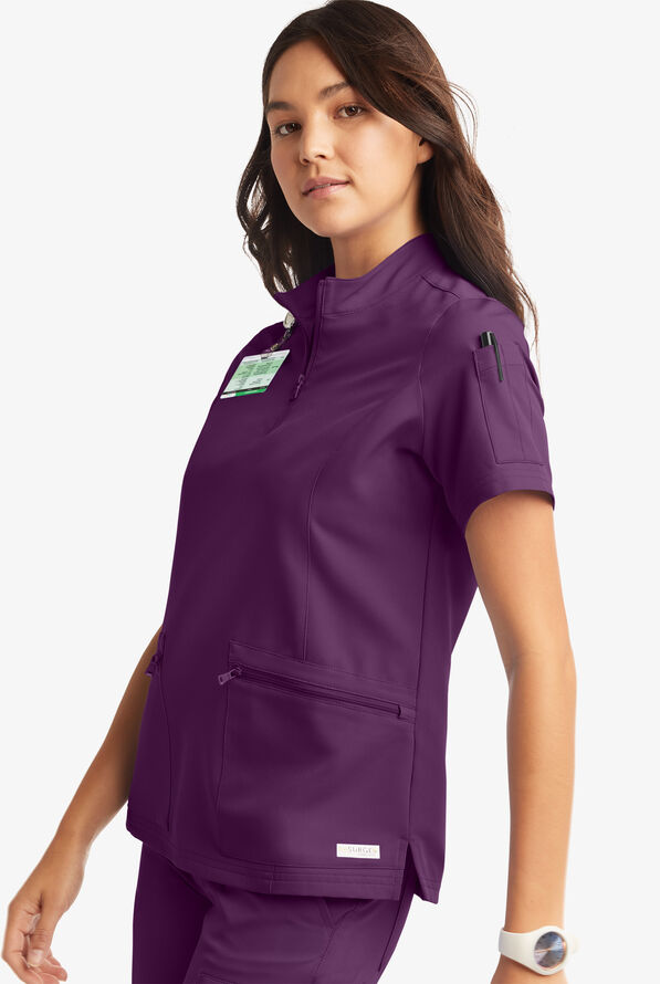Butter-Soft Women's 5-Pocket Zipper Neck Short Sleeve Scrub Top **Slightly IRREGULAR** - Eggplant - 3