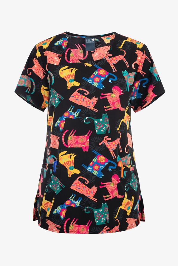 Zoe & Chloe Pawsitive Vibes Women's 2-Pocket STRETCH V-Neck Print ScrubTop - null - 1