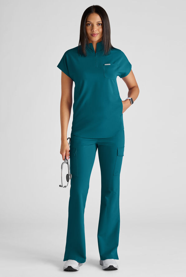 ReSurge Rhine Women's 5-Pocket Oversized Half Zip Stand Collar Scrub Top - Caribbean Blue - 7