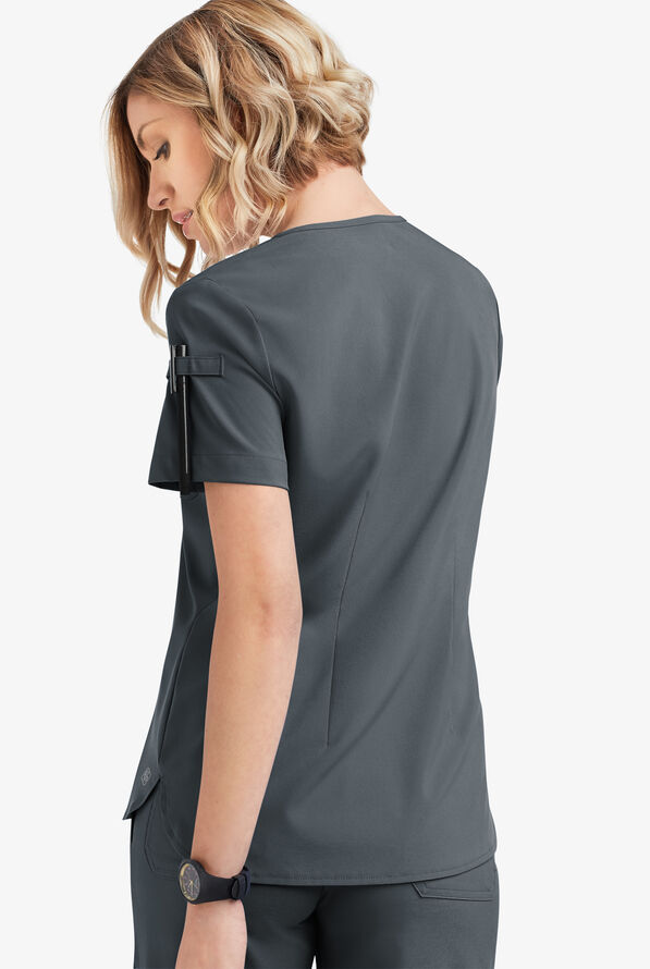 Easy STRETCH Nikki Women's 1-Pocket Scallop Neck Tuck-In Scrub Top - Pewter - 4