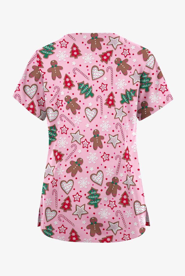 Butter-Soft Originals Baking For Santa Blush Women's 6-Pocket Scallop Neck Print Scrub Top - null - 2