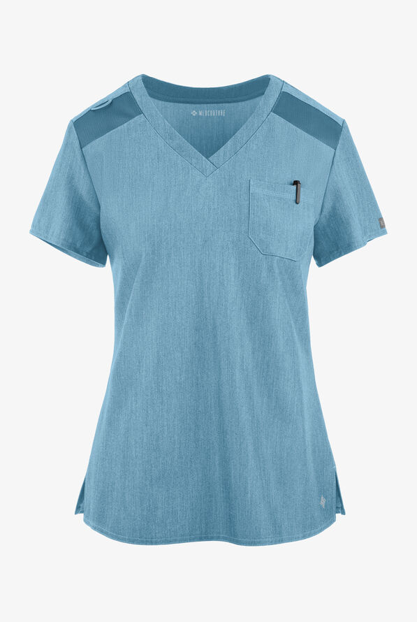 Med Couture Touch Women's 1-Pocket STRETCH Tuck In V-Neck Scrub Top - Blue Jean Baby - 1