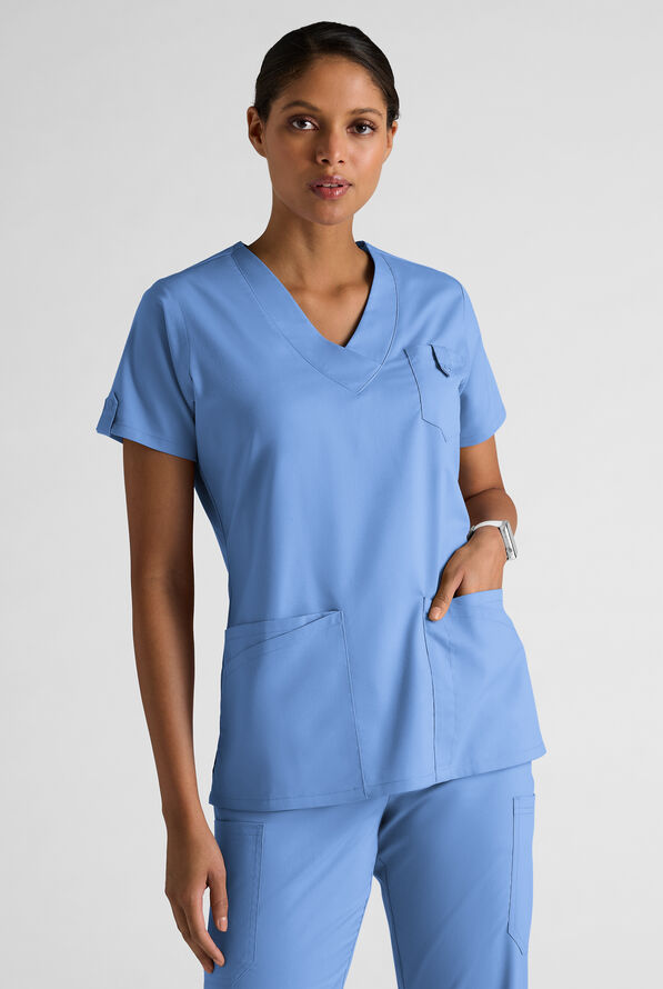 Butter-Soft STRETCH Women's 6-Pocket V-Neck Scrub Top - Ceil Blue - 1