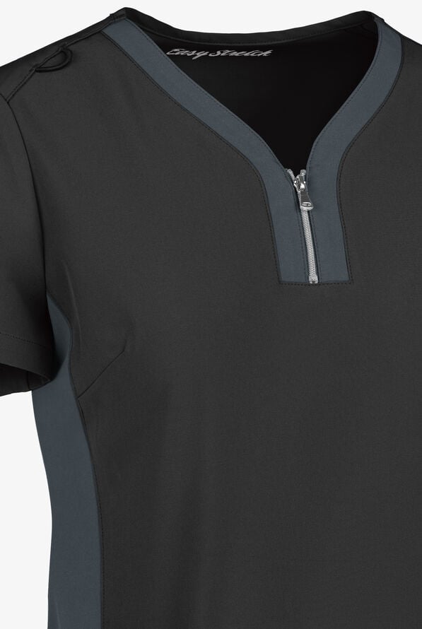 Easy STRETCH Lily Women's 4-Pocket Zip Neck Henley Scrub Top - Onyx Black/Pewter - 5
