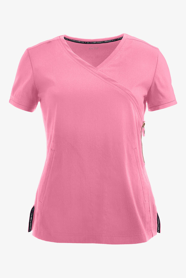 koi Lite™ Philosophy Women's 3-Pocket Mock Wrap Side Zipper Scrub Top - Peony Pink - 1