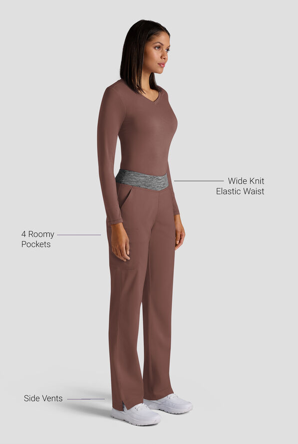 Butter-Soft STRETCH Women's 4-Pocket Knit Waistband Yoga Scrub Pants - Tall - French Roast / Charcoal Melange - 3
