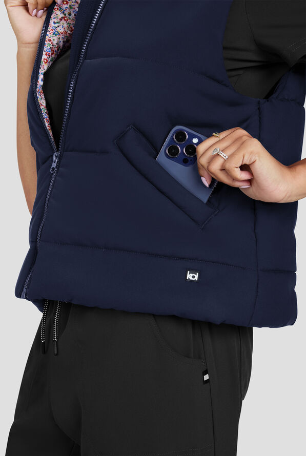 koi Essentials Nula Women's 2-Pocket Zip Front Puffer Scrub Vest - Navy - 2