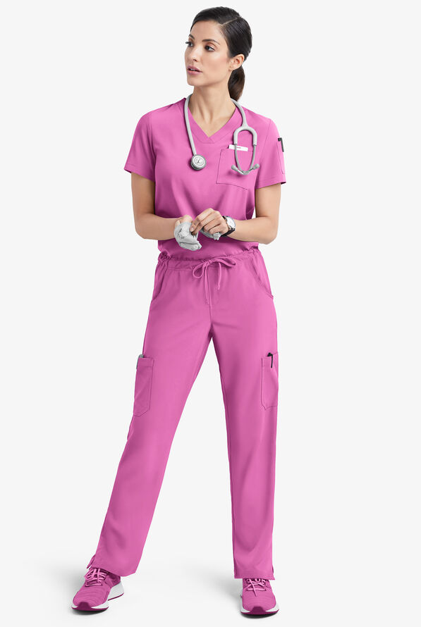 Easy STRETCH Chloe Women's 3-Pocket V-Neck Tuck-In Scrub Top - Magnesium Pink - 2