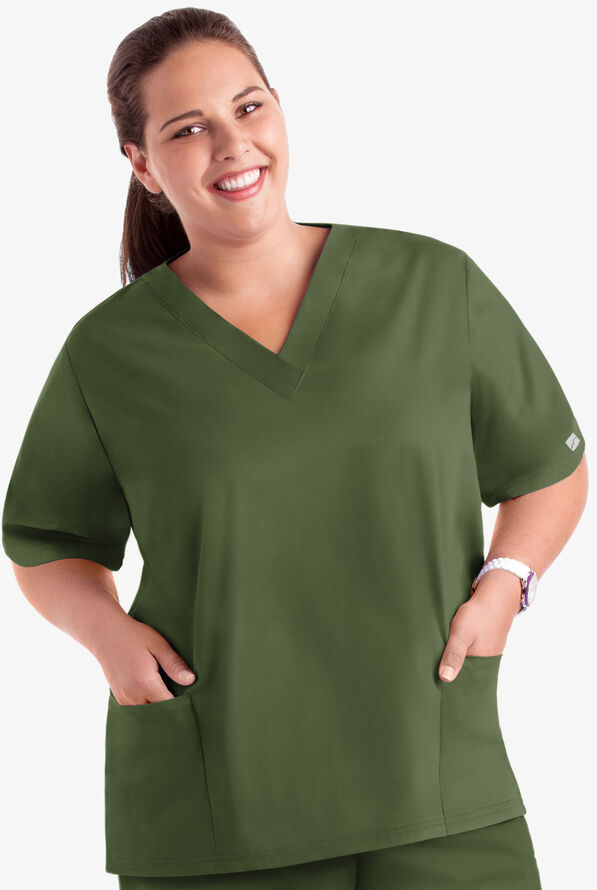 Blusa m&eacute;dica Butter-Soft Core by UA&trade; con cuello en V y 2 bolsillos para mujer - Olive - 3