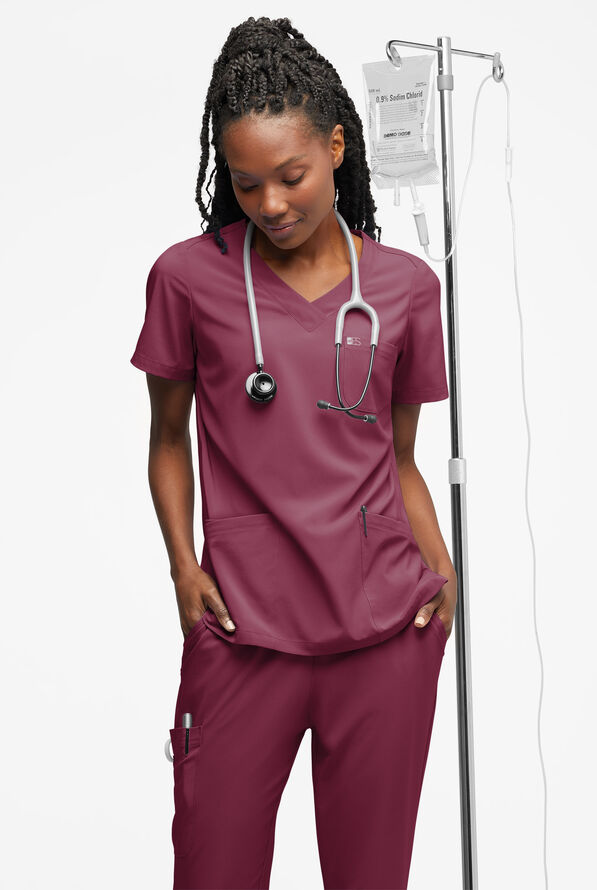 Easy STRETCH Tessa Women's 5-Pocket V-Neck Scrub Top - Wine - 4