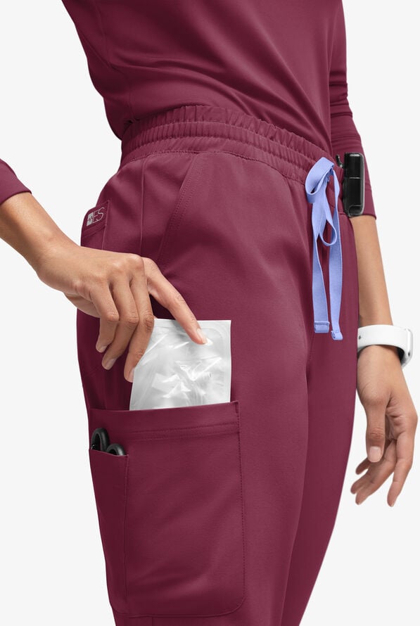 Easy STRETCH Naya Women’s Natural Waist 6-Pocket Straight Leg Scrub Pants - Petite - Wine/Ceil - 2