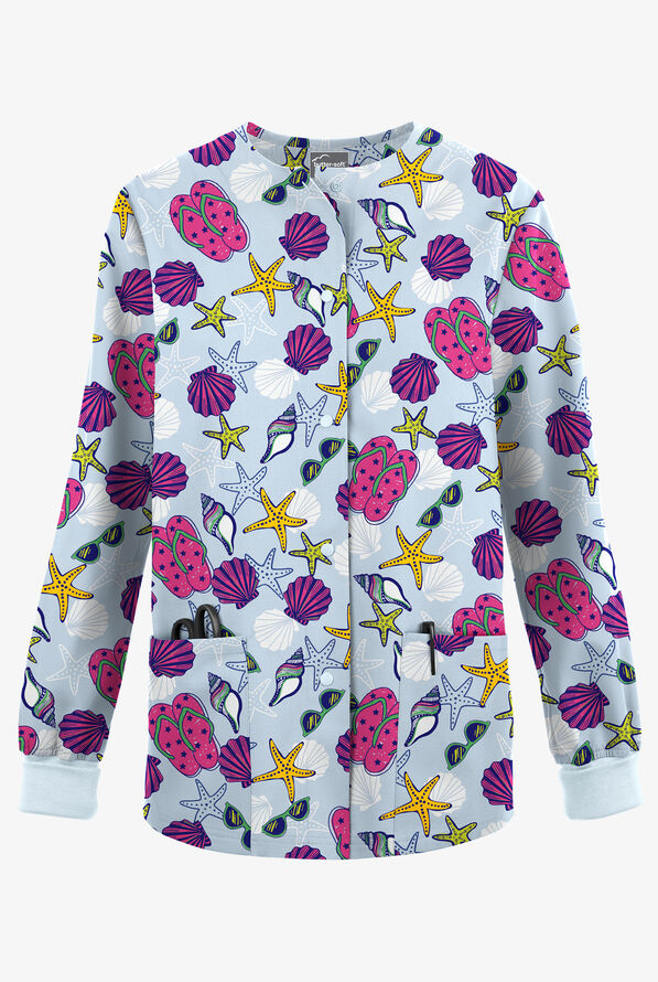 Butter-Soft Originals Walk On The Beach Morning Dew Women's 3-Pocket Warm-Up Print Scrub Jacket - null - 1