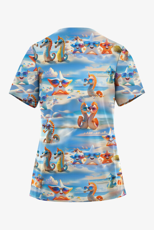 Blusa m&eacute;dica estampada Butter-Soft STRETCH Shoreline Squad Turquoise con cuello en V para mujer - null - 2