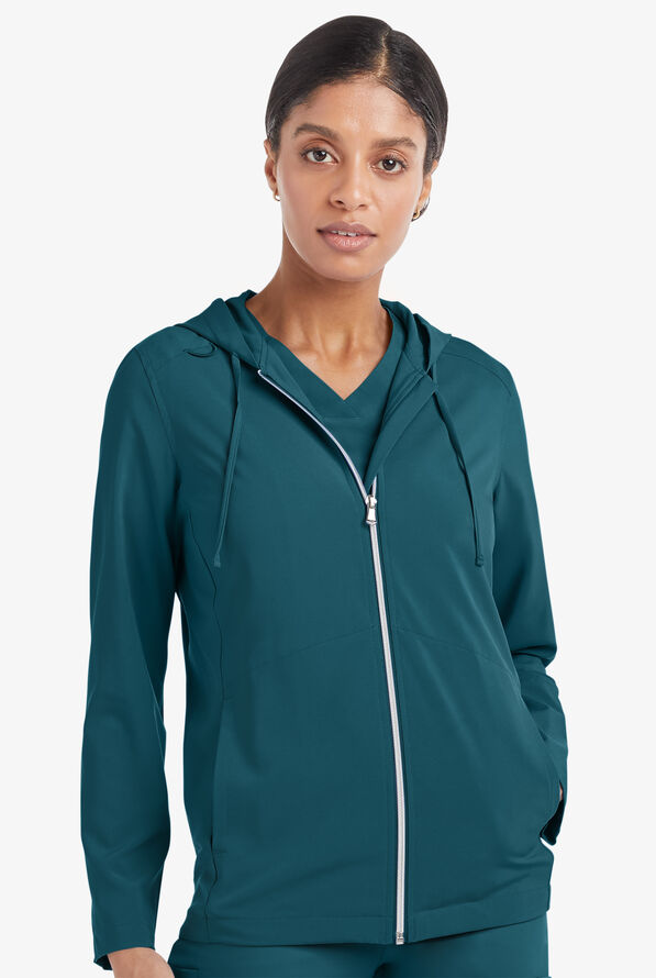 Tafford Active Selena Women's 5-Pocket Long Sleeve Zip-Front Scrub Hoodie - Caribbean Blue - 2