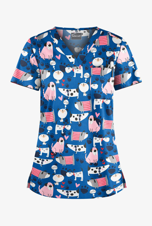 Blusa médica estampada Butter-Soft Dreaming Pups Royal con cuello en V y 1 bolsillo para mujer - null - 1