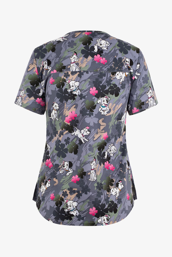 Tooniforms Disney's Dalmatians Plain Sight Puppies Women's 2-Pocket STRETCH V-Neck  Print Scrub Top - null - 2