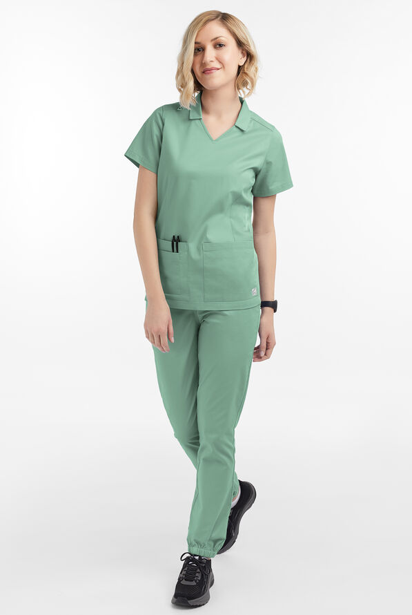 Butter-Soft STRETCH Women's 3-Pocket Short Sleeve Collar and Knit Panels Scrub Top - Water Mint - 2