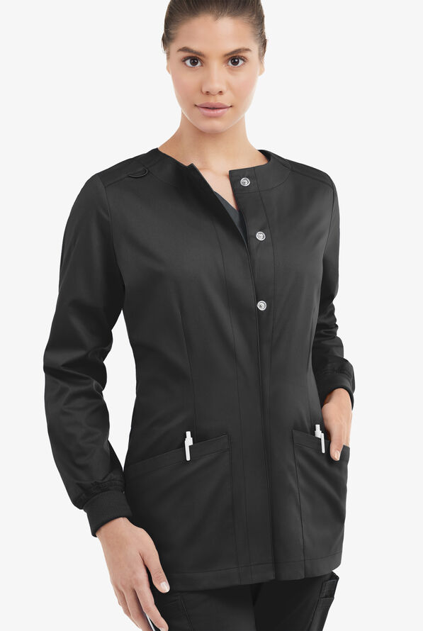 Butter-Soft STRETCH Women's 2-Pocket Long Sleeve Snap Front Scrub Jacket - Black - 2