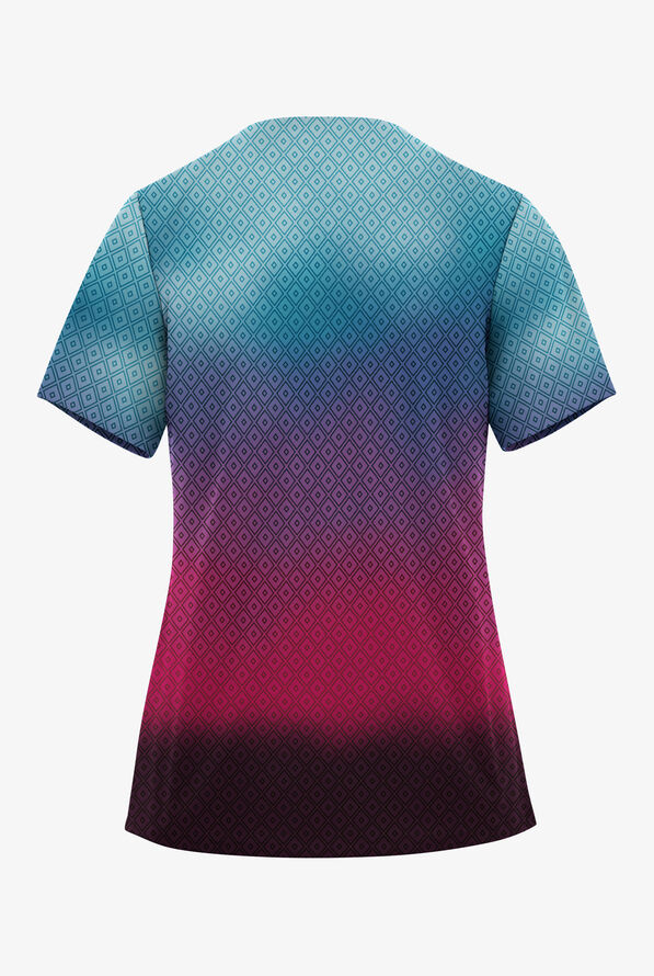 Butter-Soft STRETCH Geo Gradient Eggplant Women's 2-Pocket V-Neck Print Scrub Top - null - 2