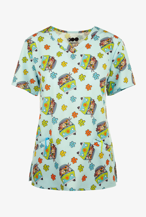 FUNSCRUBS Scooby Doo WB 100th Anniversary Women's 2-Pocket STRETCH V-Neck Print Scrub Top - null - 1