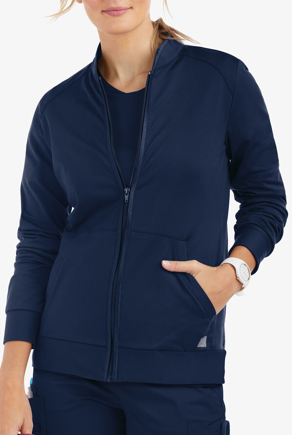 Butter-Soft STRETCH Women's 2-Pocket Technical Knit Zip Front Scrub Jacket - Navy - 2